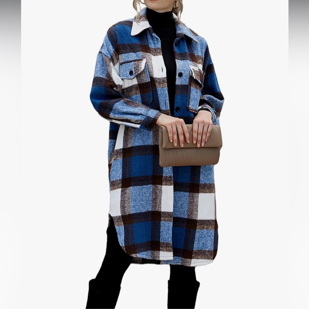 NWT Amazon PRETTYGARDEN Plaid blue/brown long shacket size large